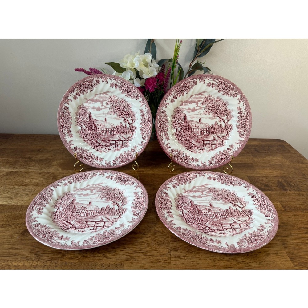 Churchill The Brook Pink Set of 4 Dinner Plates England Transferware Cottage
